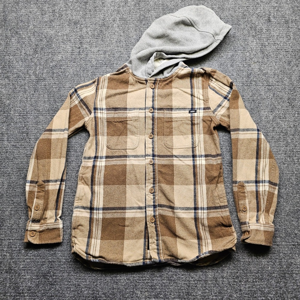Vans Mens Plaid Hooded Flannel Shirt Brown Tan Grey Hood VN0002Q1DZ9 Medium